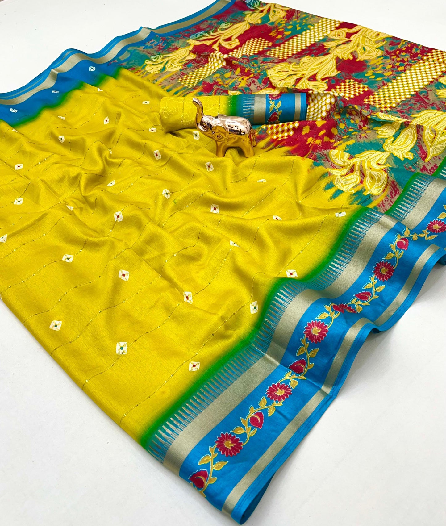 SUVIDHA Fancy Soft Cotton Blend Saree with Batik Print, Multi-Sequins Work & Kalamkari Pallu – With Printed Blouse (Ready Stock)