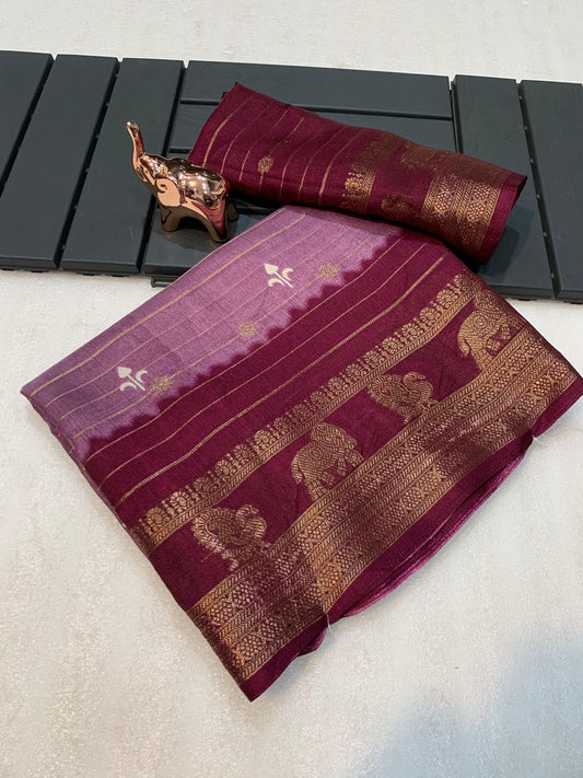 Ikkat Printed Heavy Cotton Silk Saree with Woven Border & Butti Print Blouse – 6.3m Traditional Drape
