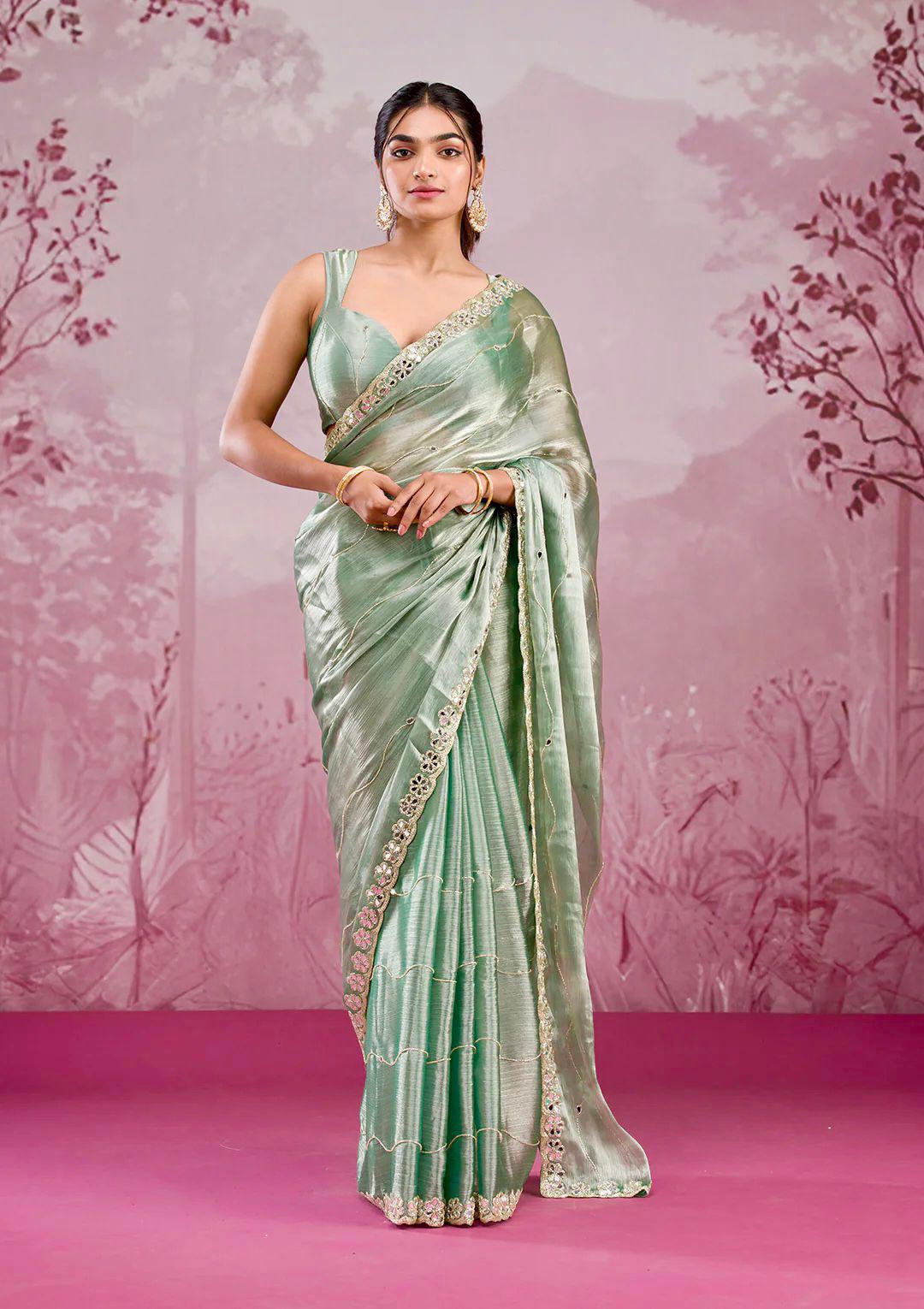 Soft Burberry Silk Saree with Real Mirror Embroidery & Cutwork Border – Designer Blouse Included