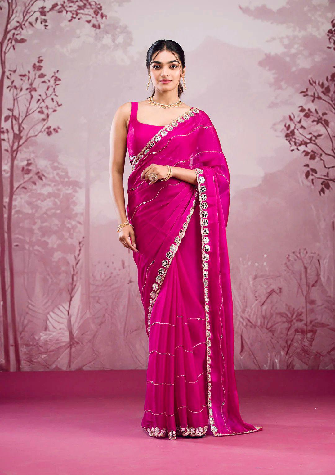 Soft Burberry Silk Saree with Real Mirror Embroidery & Cutwork Border – Designer Blouse Included