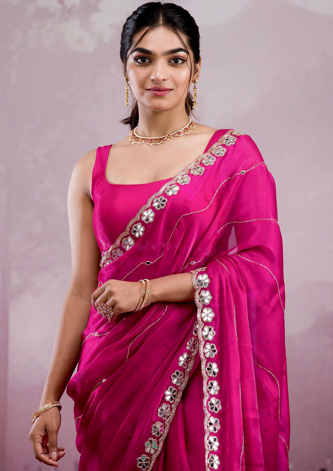 Soft Burberry Silk Saree with Real Mirror Embroidery & Cutwork Border – Designer Blouse Included