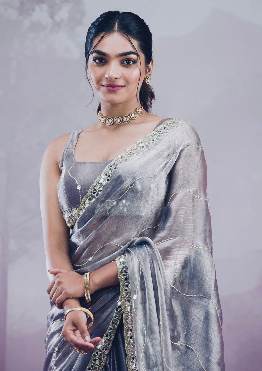 Soft Burberry Silk Saree with Real Mirror Embroidery & Cutwork Border – Designer Blouse Included
