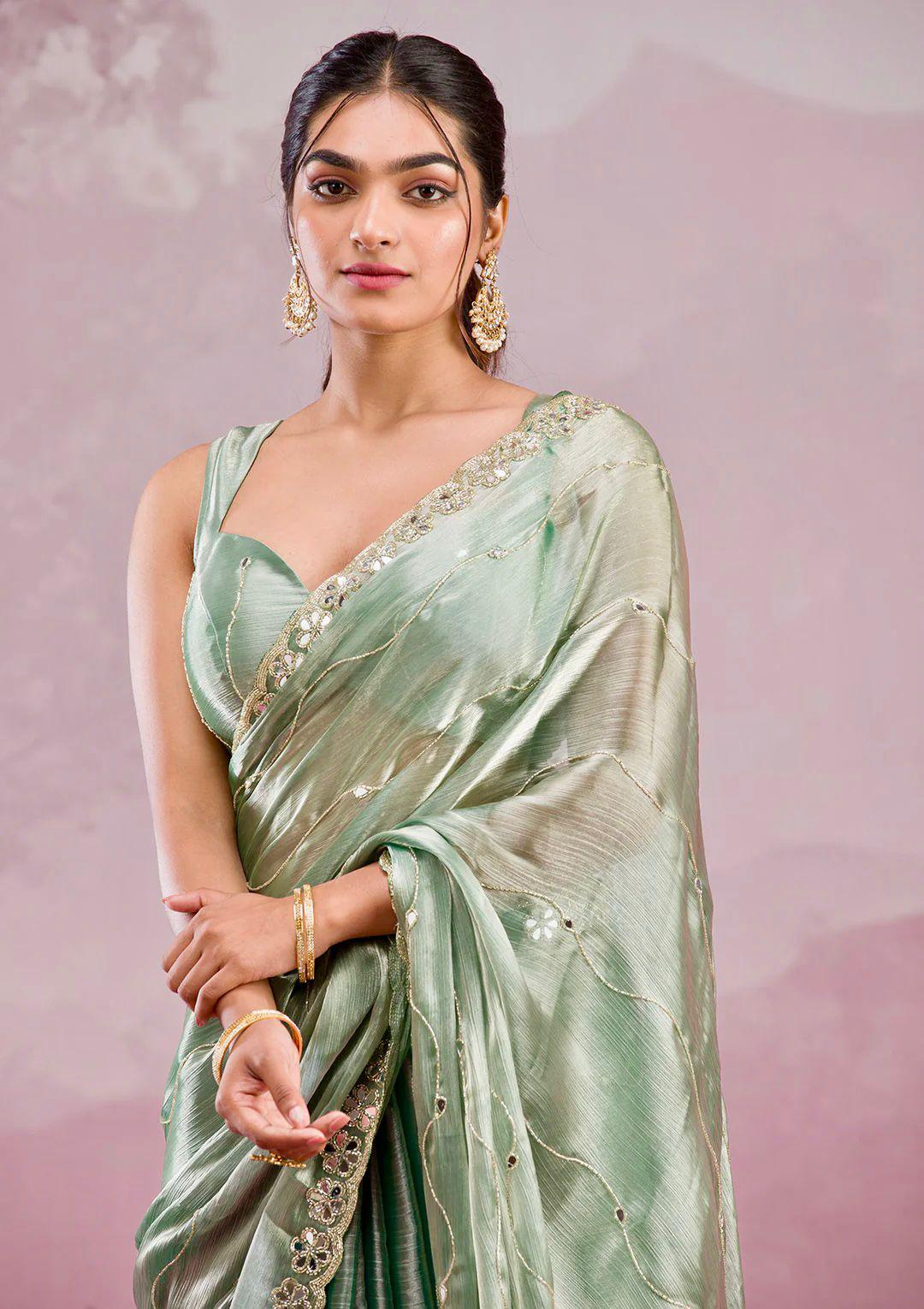 Soft Burberry Silk Saree with Real Mirror Embroidery & Cutwork Border – Designer Blouse Included