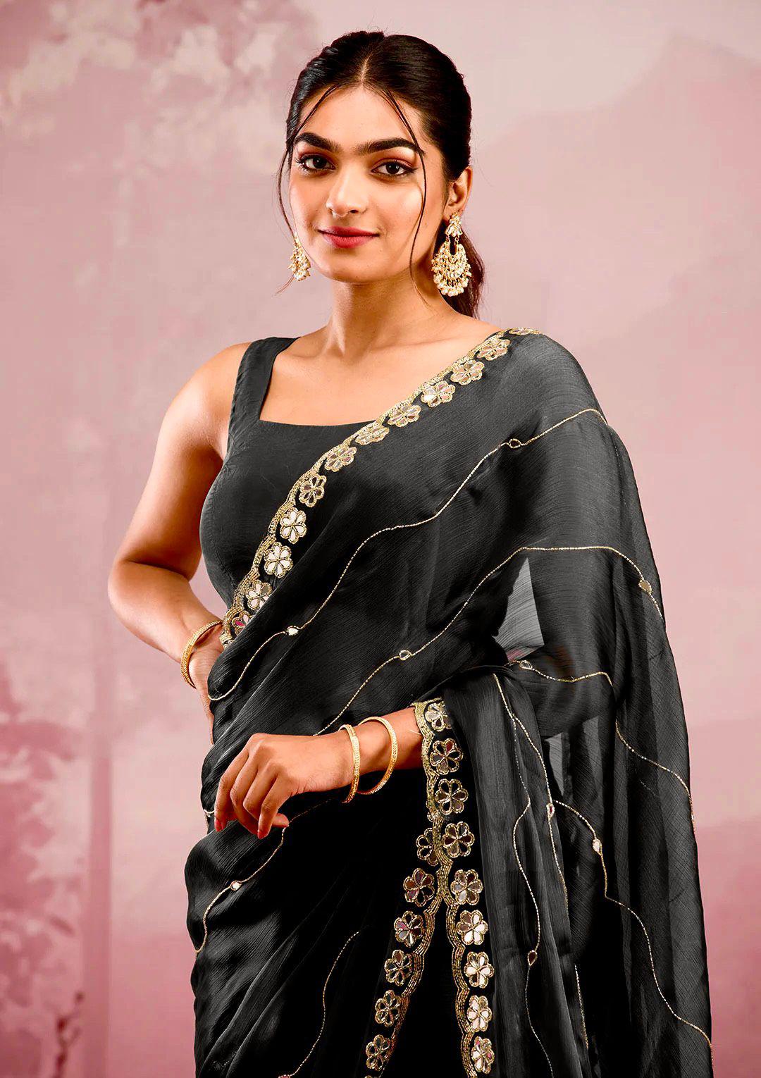 Soft Burberry Silk Saree with Real Mirror Embroidery & Cutwork Border – Designer Blouse Included