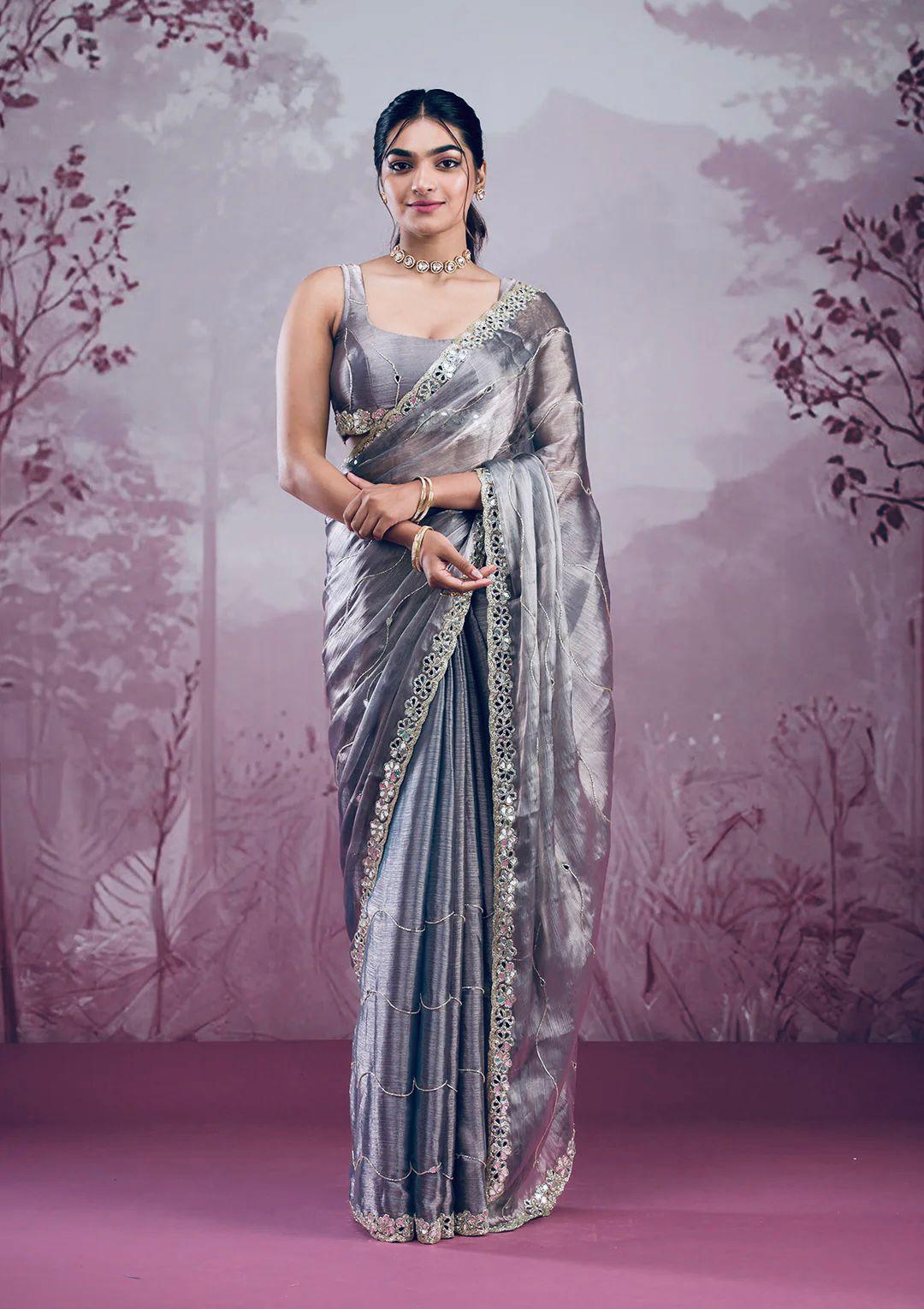 Soft Burberry Silk Saree with Real Mirror Embroidery & Cutwork Border – Designer Blouse Included