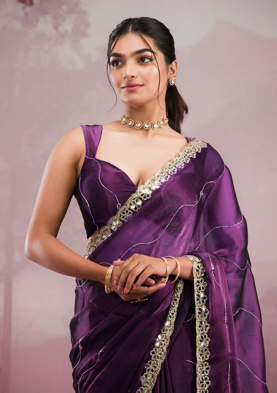 Soft Burberry Silk Saree with Real Mirror Embroidery & Cutwork Border – Designer Blouse Included