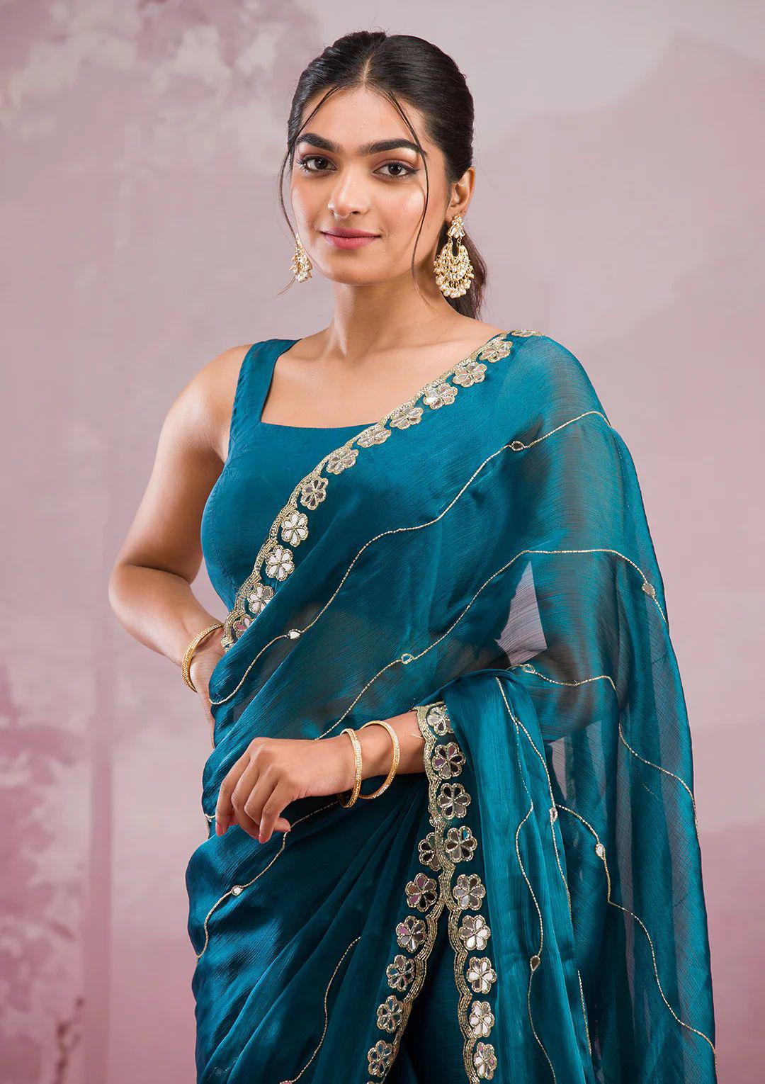 Soft Burberry Silk Saree with Real Mirror Embroidery & Cutwork Border – Designer Blouse Included