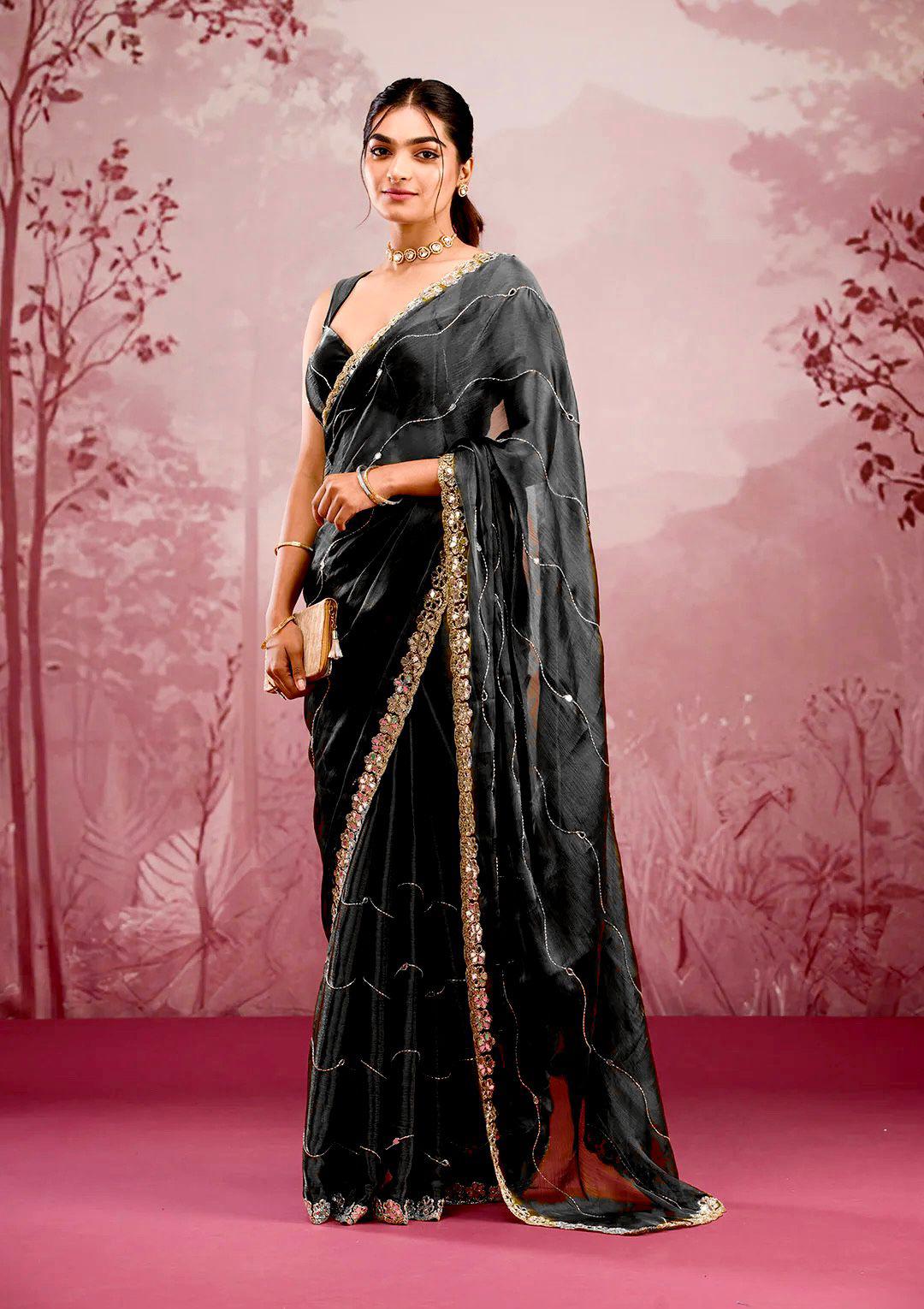 Soft Burberry Silk Saree with Real Mirror Embroidery & Cutwork Border – Designer Blouse Included