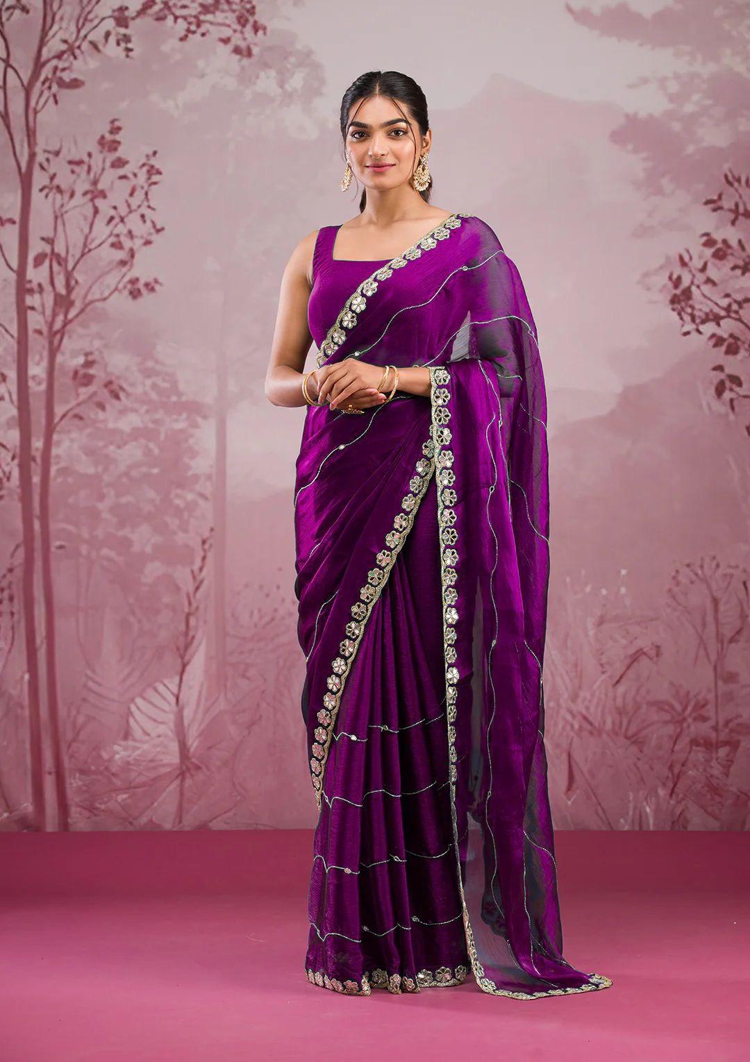 Soft Burberry Silk Saree with Real Mirror Embroidery & Cutwork Border – Designer Blouse Included