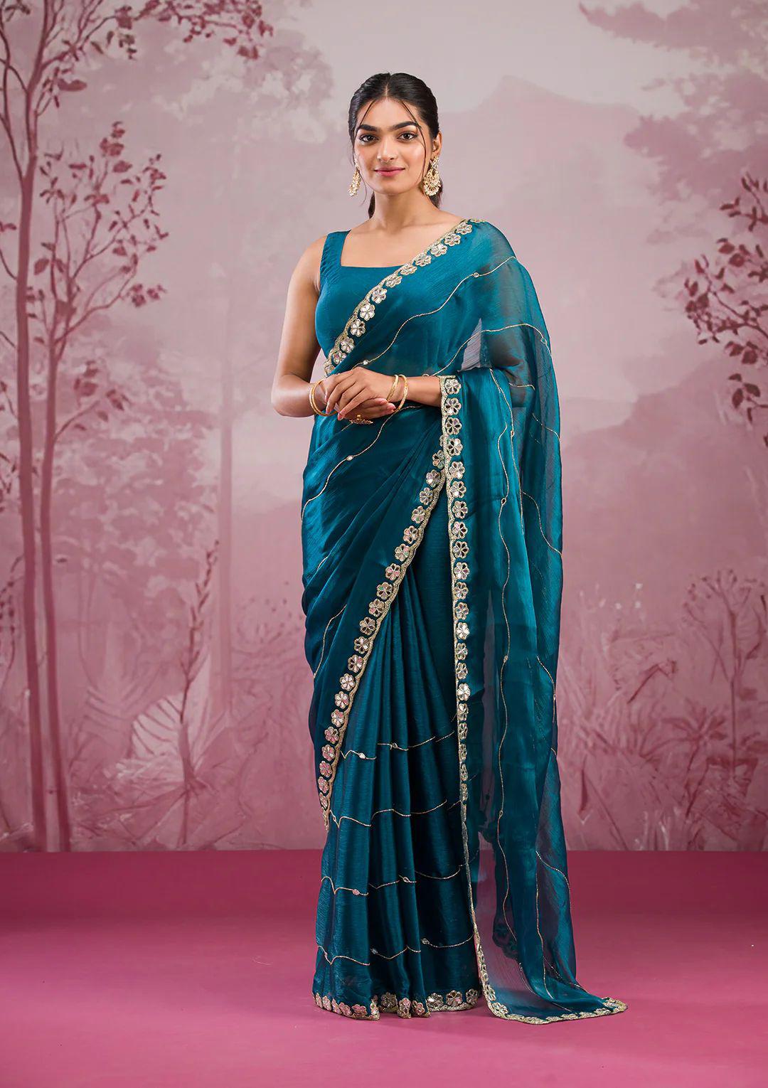 Soft Burberry Silk Saree with Real Mirror Embroidery & Cutwork Border – Designer Blouse Included