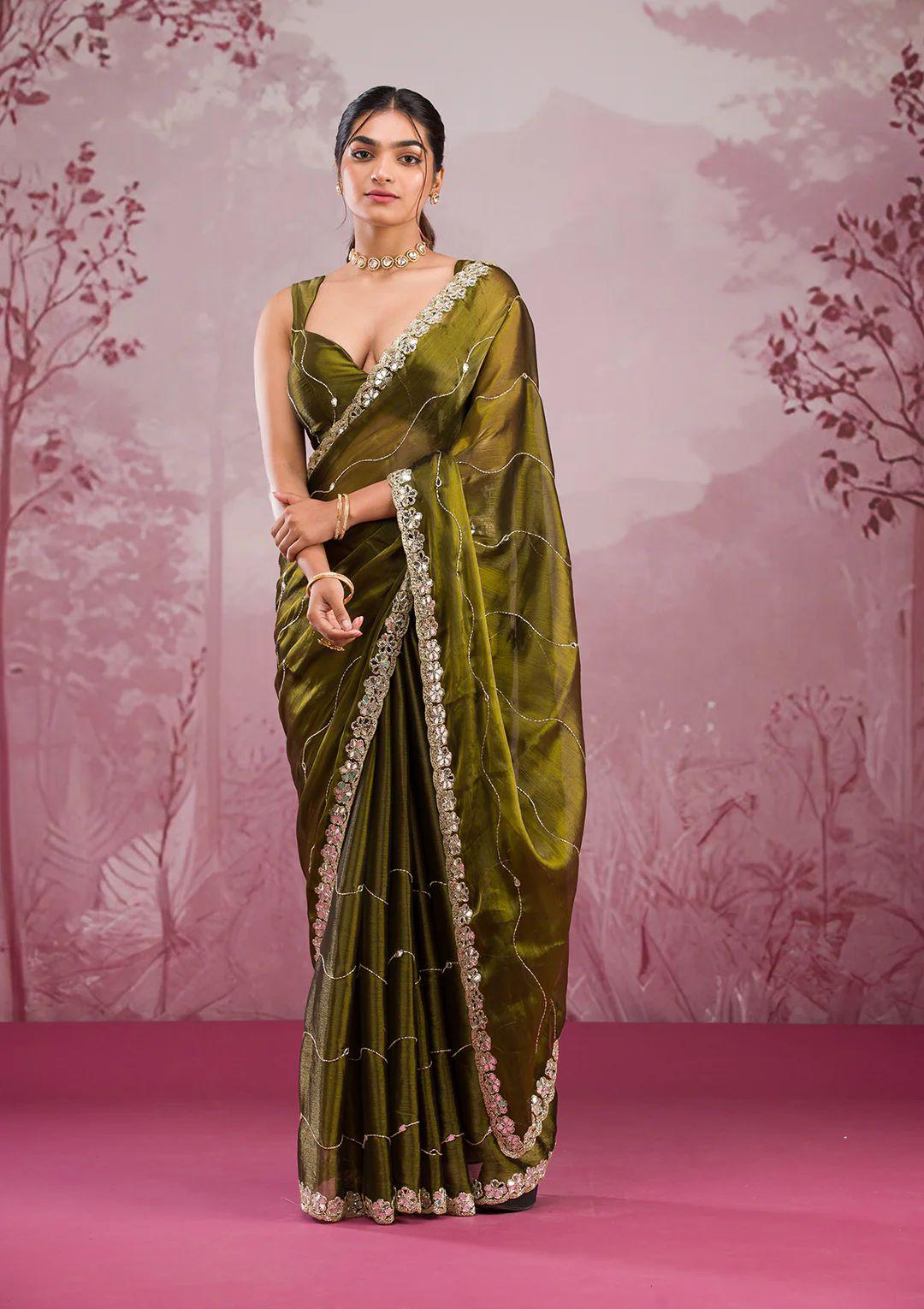 Soft Burberry Silk Saree with Real Mirror Embroidery & Cutwork Border – Designer Blouse Included