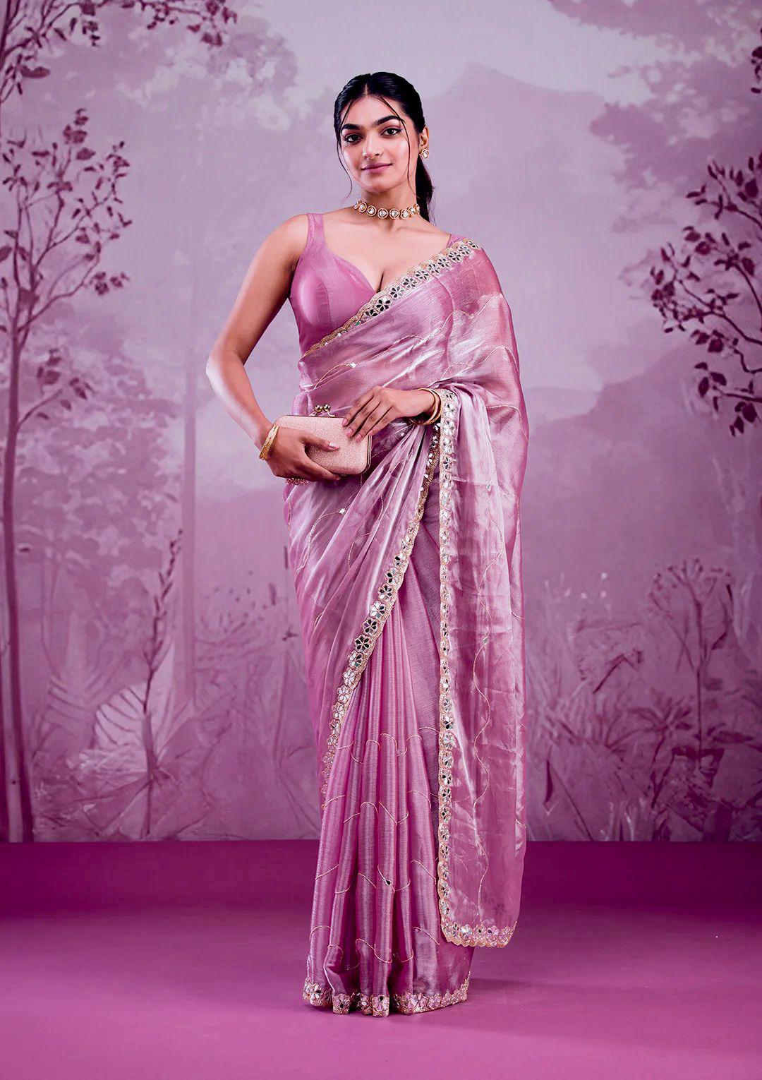 Soft Burberry Silk Saree with Real Mirror Embroidery & Cutwork Border – Designer Blouse Included