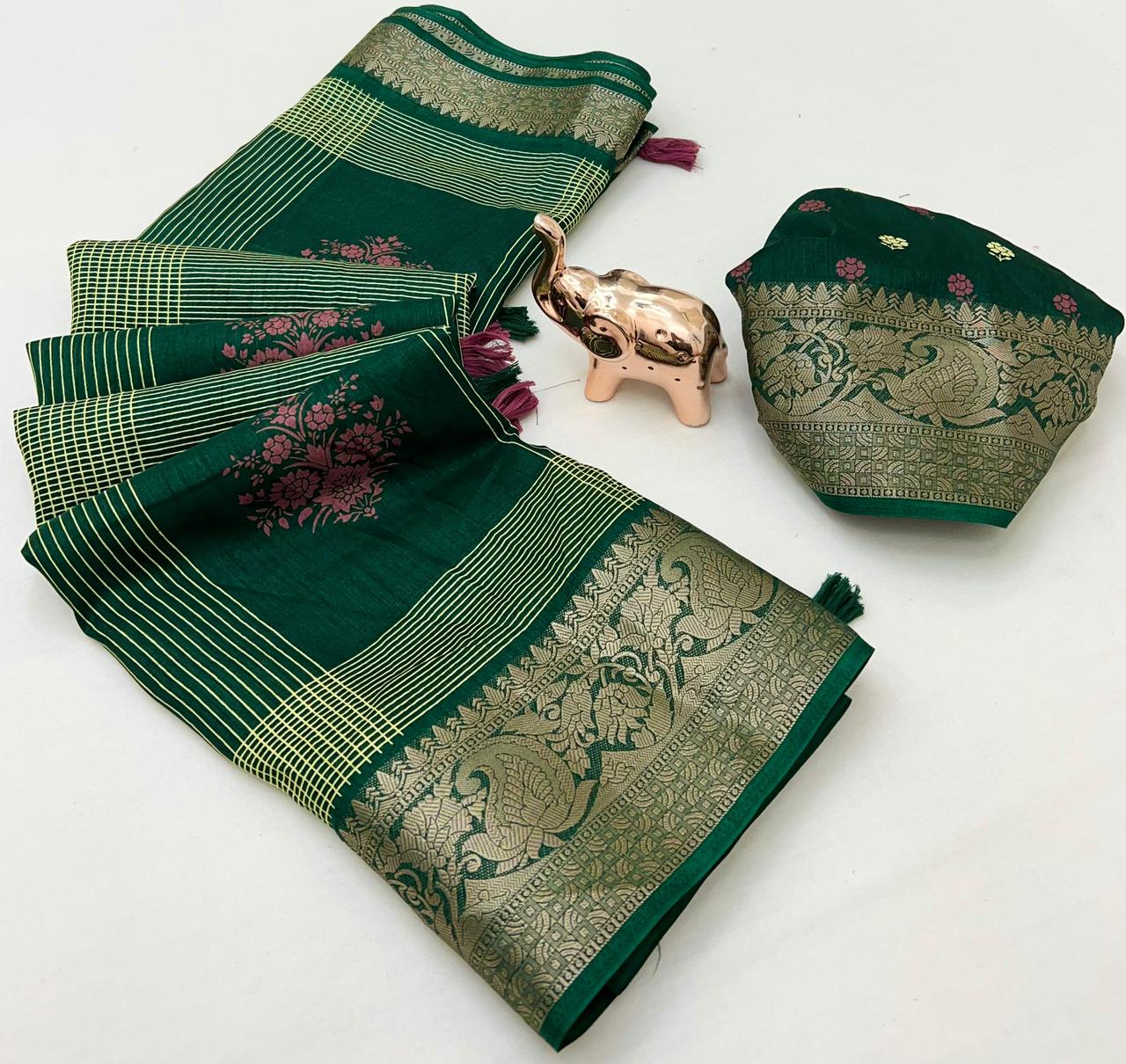 Floral Printed Cotton Blend Saree with Silver Zari Border & Tassel Pallu – Elegant Daily Wear