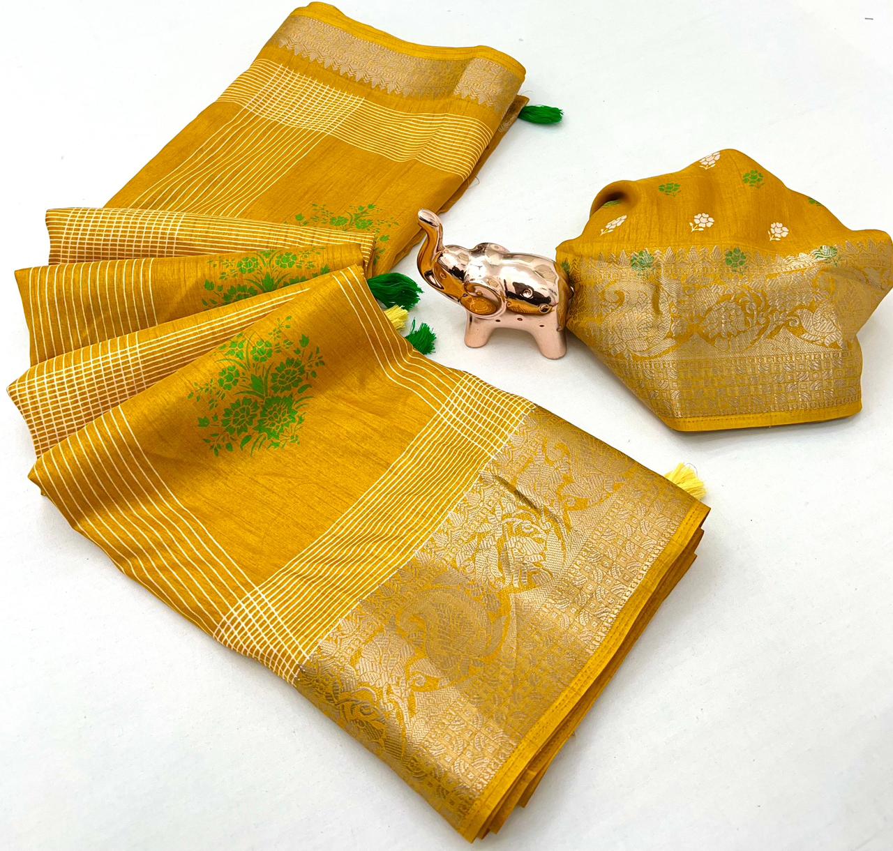 Floral Printed Cotton Blend Saree with Silver Zari Border & Tassel Pallu – Elegant Daily Wear