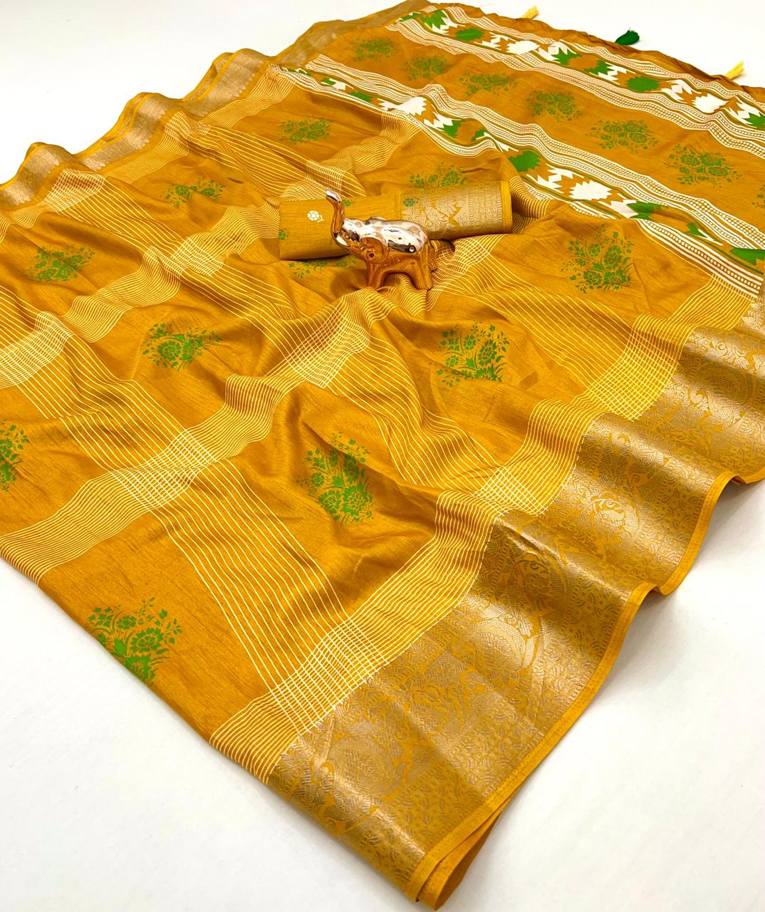 Floral Printed Cotton Blend Saree with Silver Zari Border & Tassel Pallu – Elegant Daily Wear