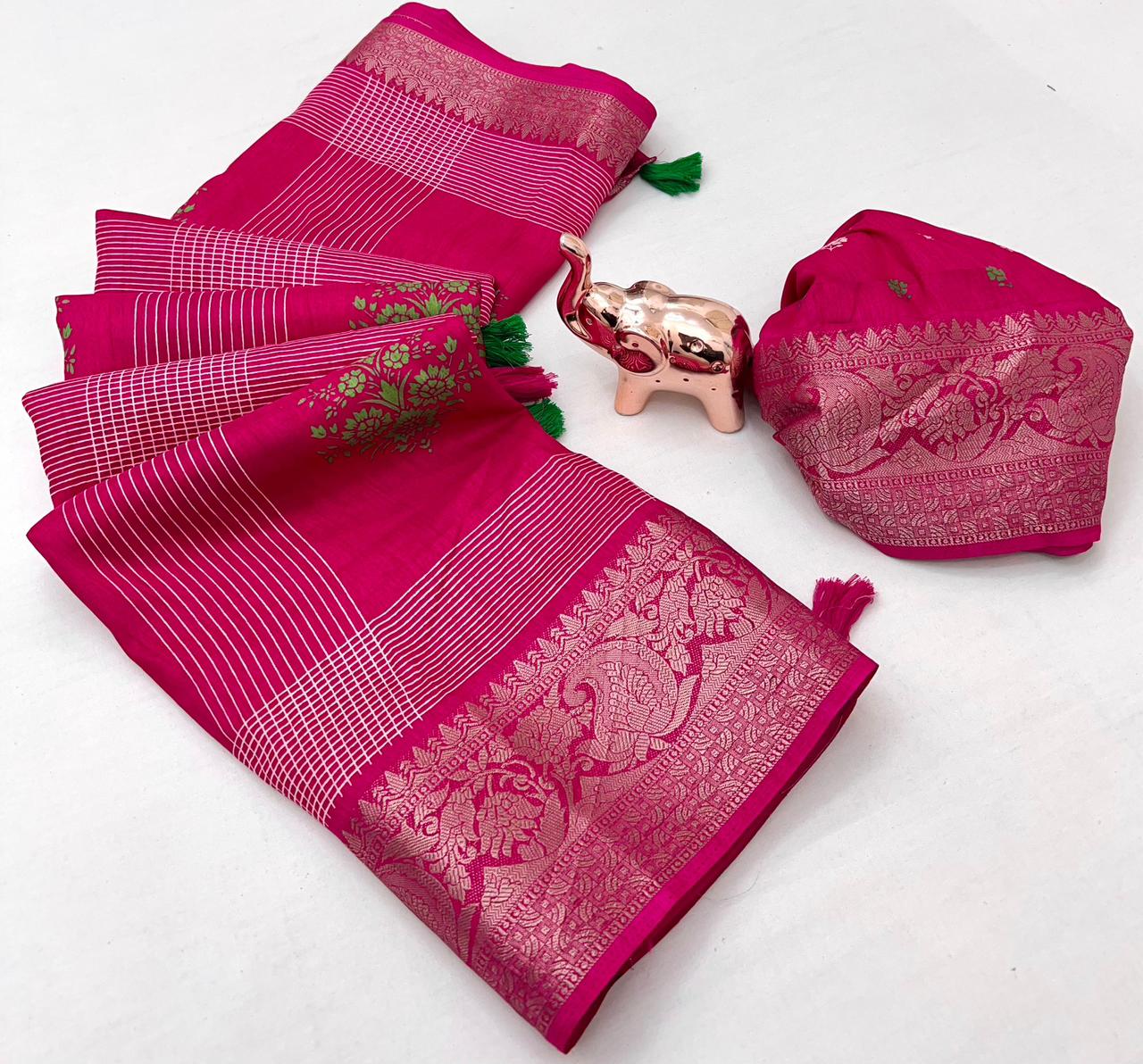 Floral Printed Cotton Blend Saree with Silver Zari Border & Tassel Pallu – Elegant Daily Wear