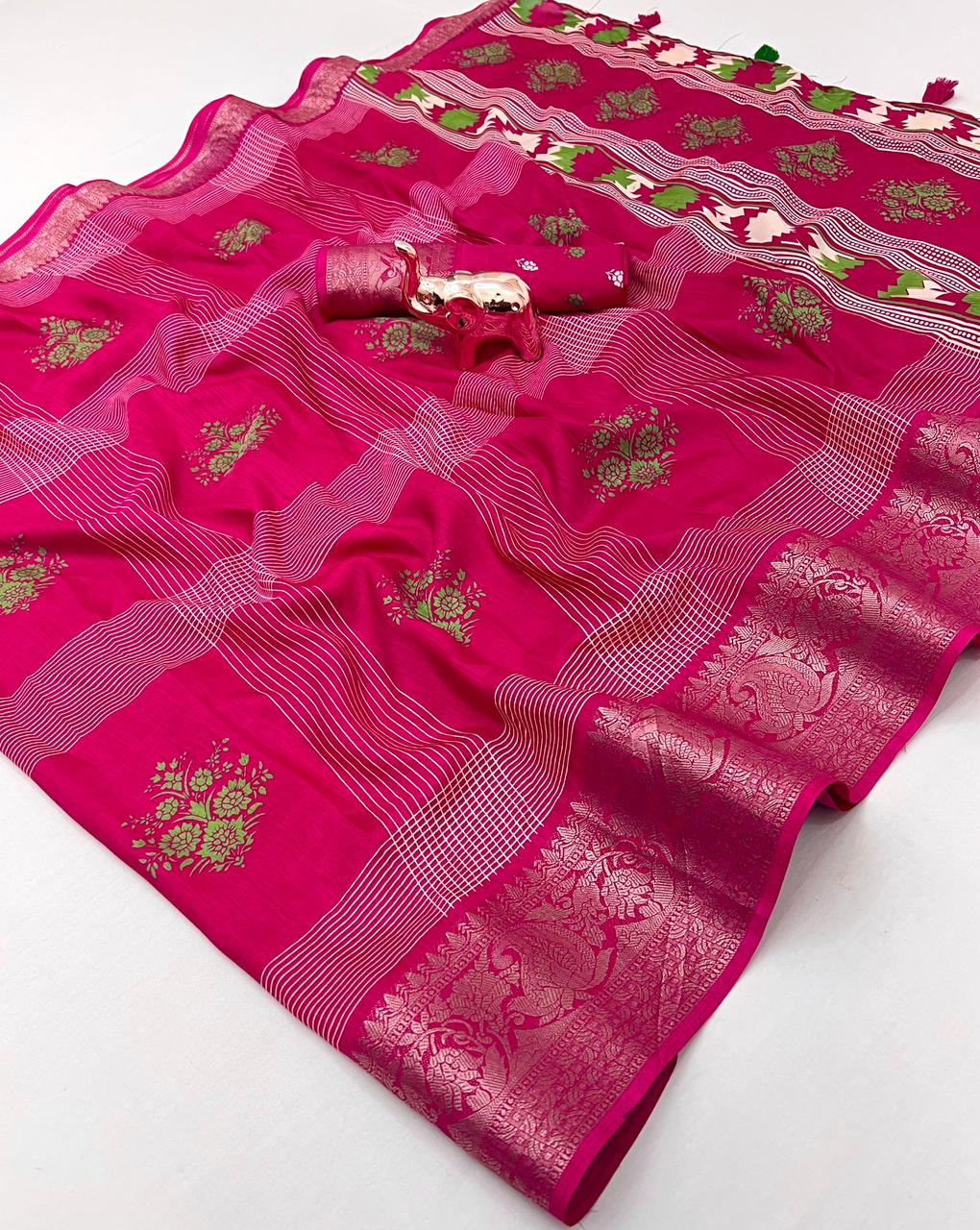 Floral Printed Cotton Blend Saree with Silver Zari Border & Tassel Pallu – Elegant Daily Wear