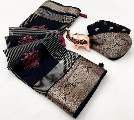 Floral Printed Cotton Blend Saree with Silver Zari Border & Tassel Pallu – Elegant Daily Wear