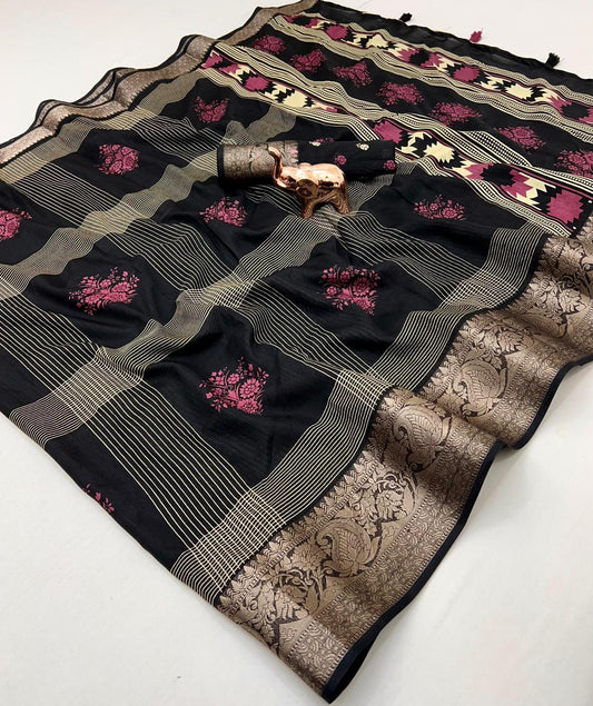 Floral Printed Cotton Blend Saree with Silver Zari Border & Tassel Pallu – Elegant Daily Wear