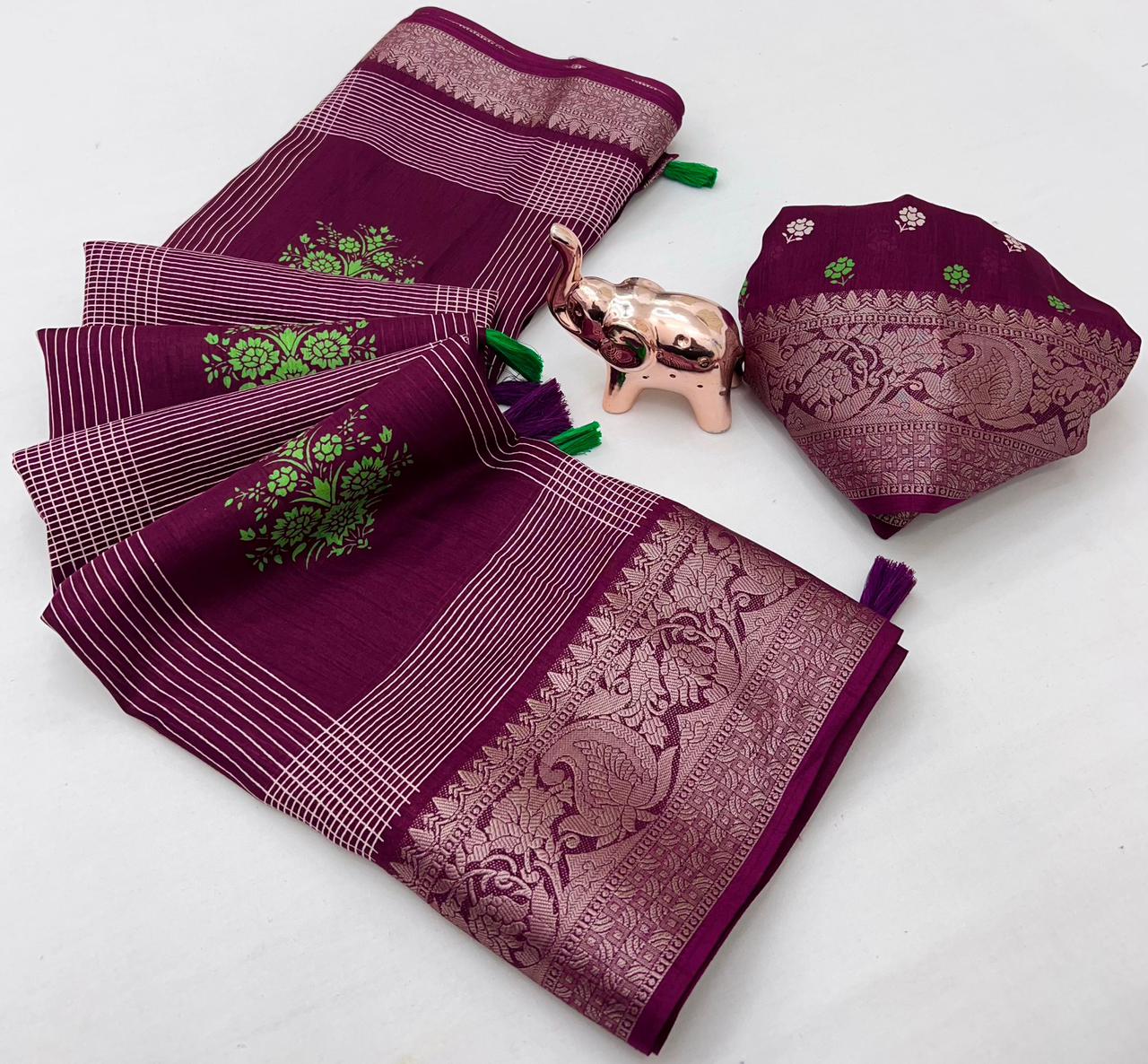 Floral Printed Cotton Blend Saree with Silver Zari Border & Tassel Pallu – Elegant Daily Wear