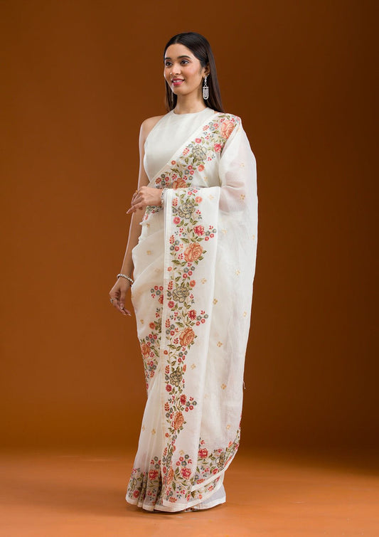 Soft Crunchy Chiffon Saree with Multi-Thread Embroidery & Piping Lace Border – With Embroidered Satin Blouse