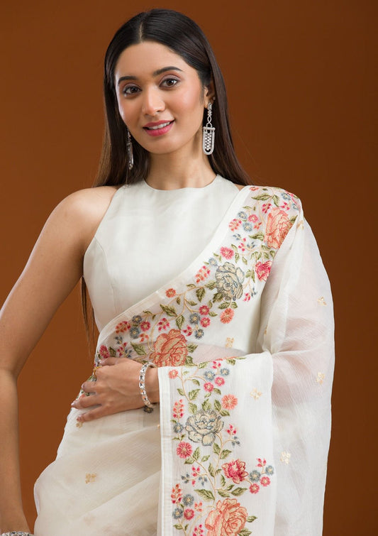 Soft Crunchy Chiffon Saree with Multi-Thread Embroidery & Piping Lace Border – With Embroidered Satin Blouse