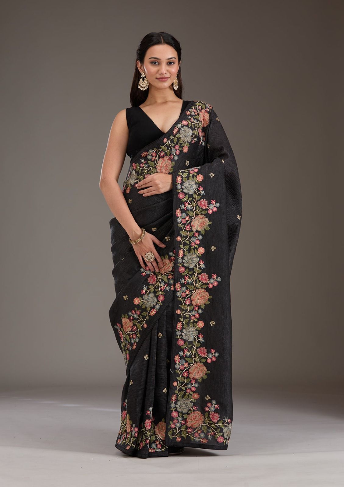 Soft Crunchy Chiffon Saree with Multi-Thread Embroidery & Piping Lace Border – With Embroidered Satin Blouse