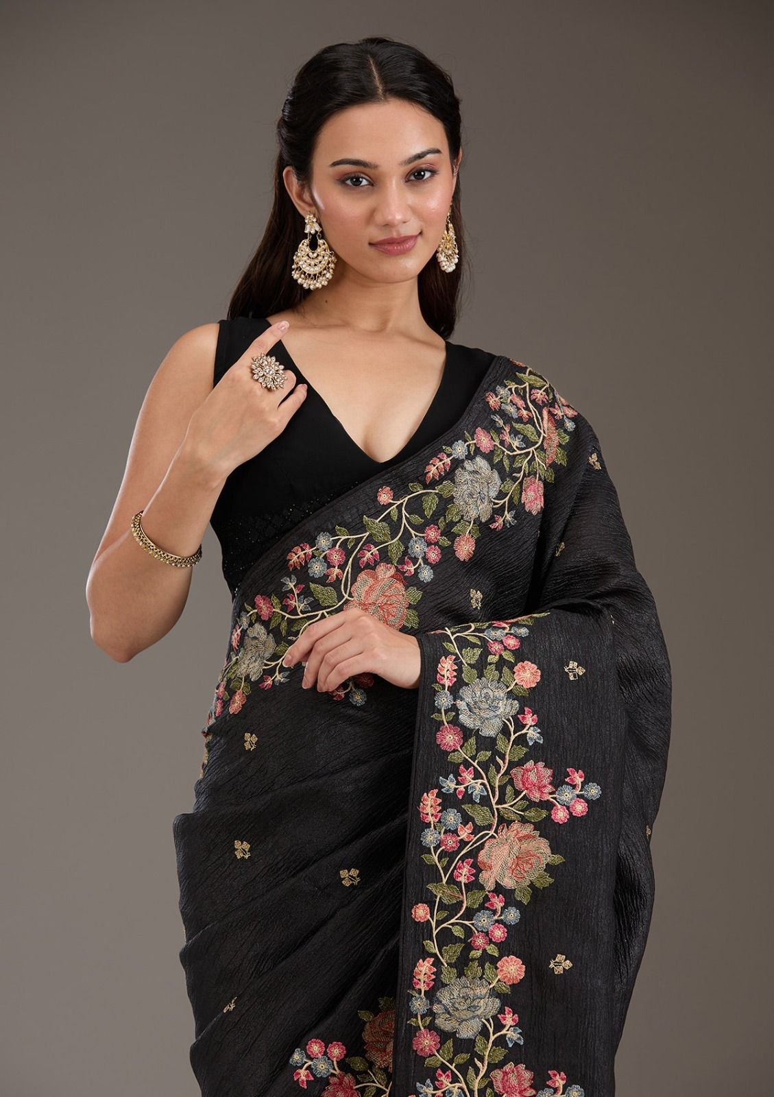 Soft Crunchy Chiffon Saree with Multi-Thread Embroidery & Piping Lace Border – With Embroidered Satin Blouse