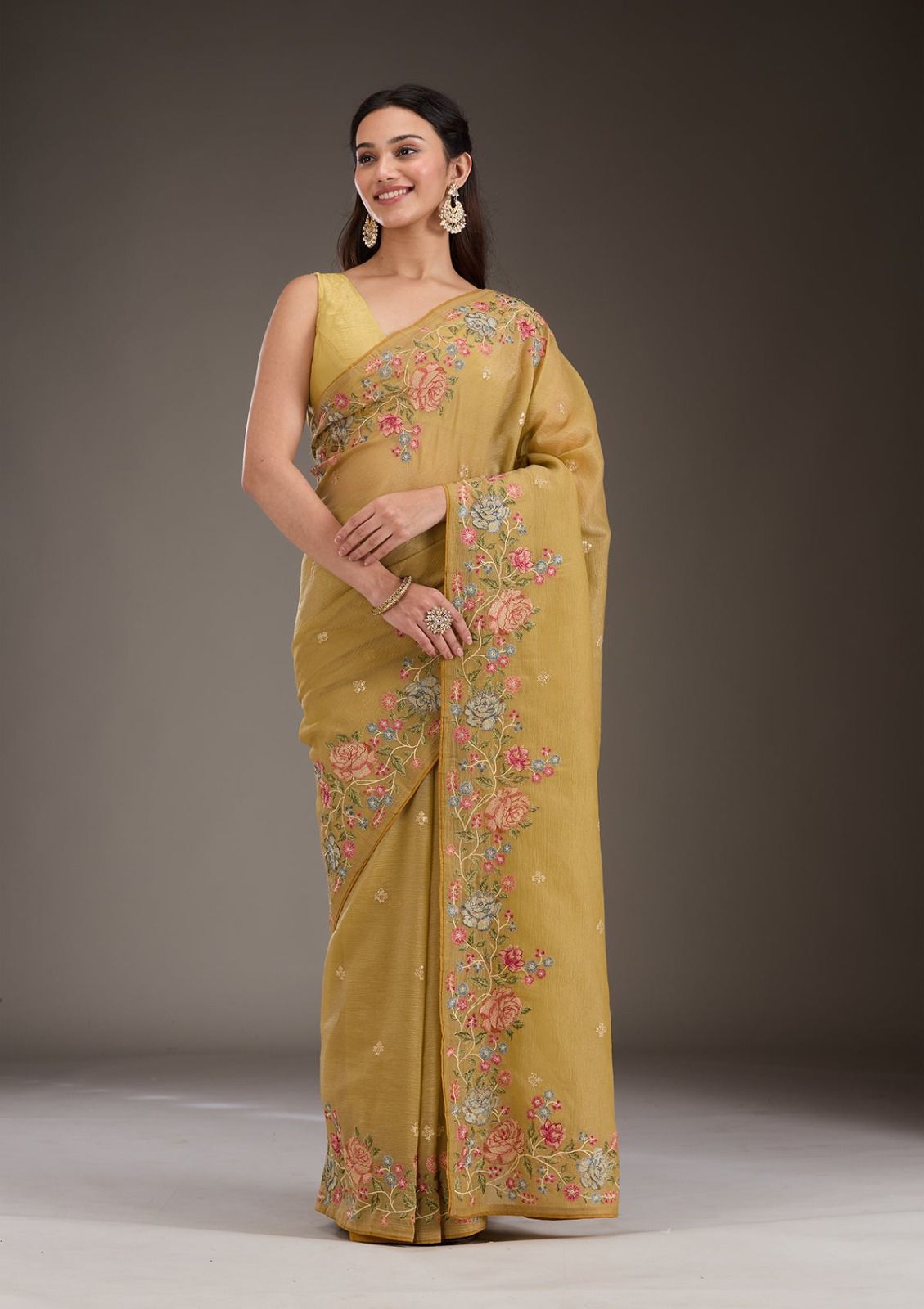 Soft Crunchy Chiffon Saree with Multi-Thread Embroidery & Piping Lace Border – With Embroidered Satin Blouse