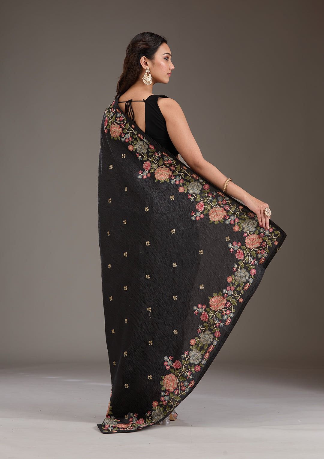 Soft Crunchy Chiffon Saree with Multi-Thread Embroidery & Piping Lace Border – With Embroidered Satin Blouse