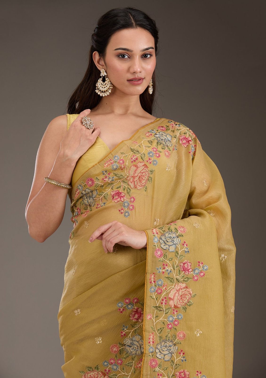 Soft Crunchy Chiffon Saree with Multi-Thread Embroidery & Piping Lace Border – With Embroidered Satin Blouse