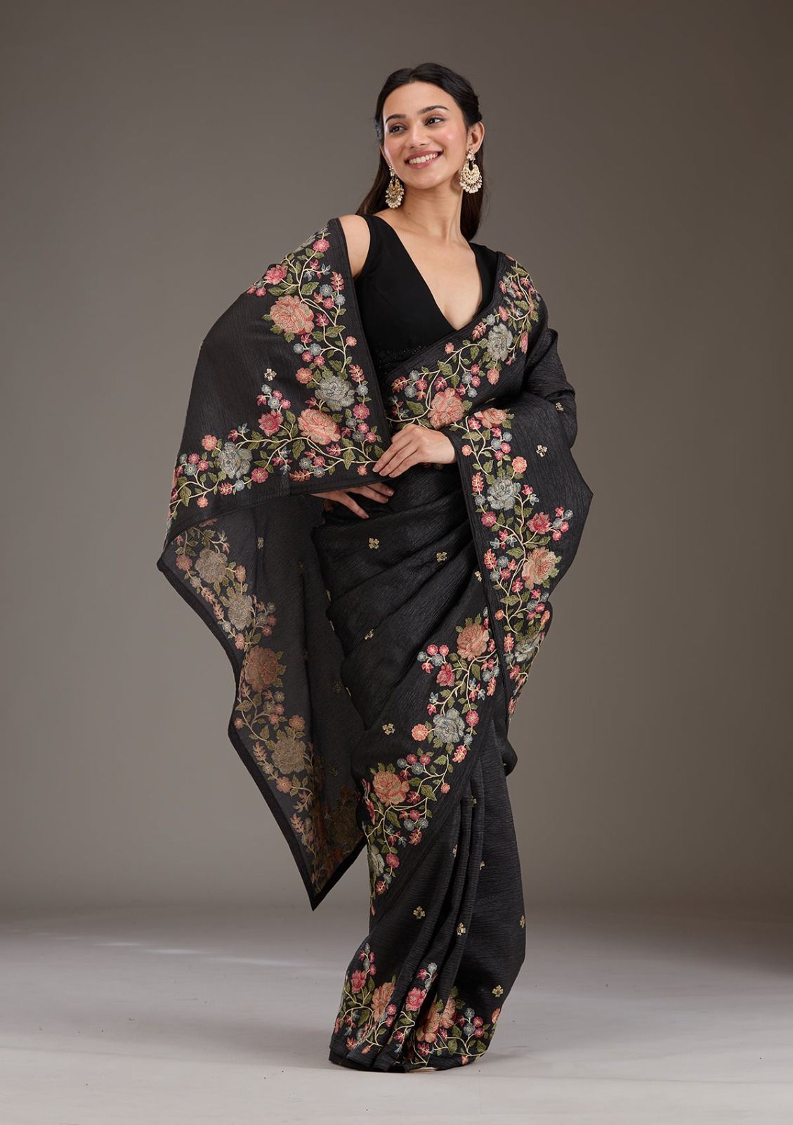 Soft Crunchy Chiffon Saree with Multi-Thread Embroidery & Piping Lace Border – With Embroidered Satin Blouse