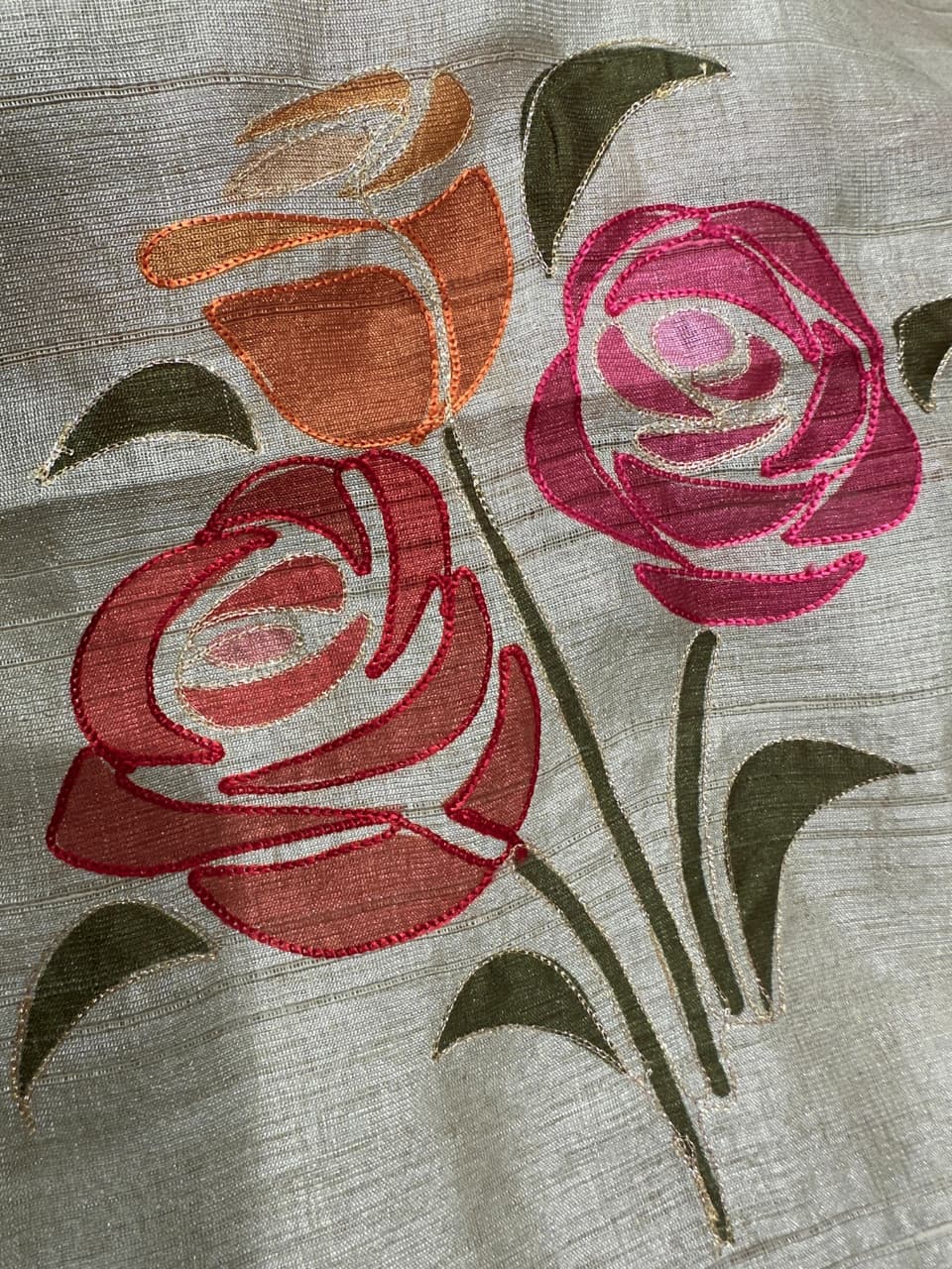 Handcrafted Linen Cotton Saree with Hand Khatha Work & Multicolor Brush Print | Designer Blouse