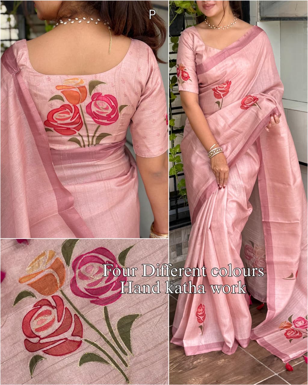 Handcrafted Linen Cotton Saree with Hand Khatha Work & Multicolor Brush Print | Designer Blouse