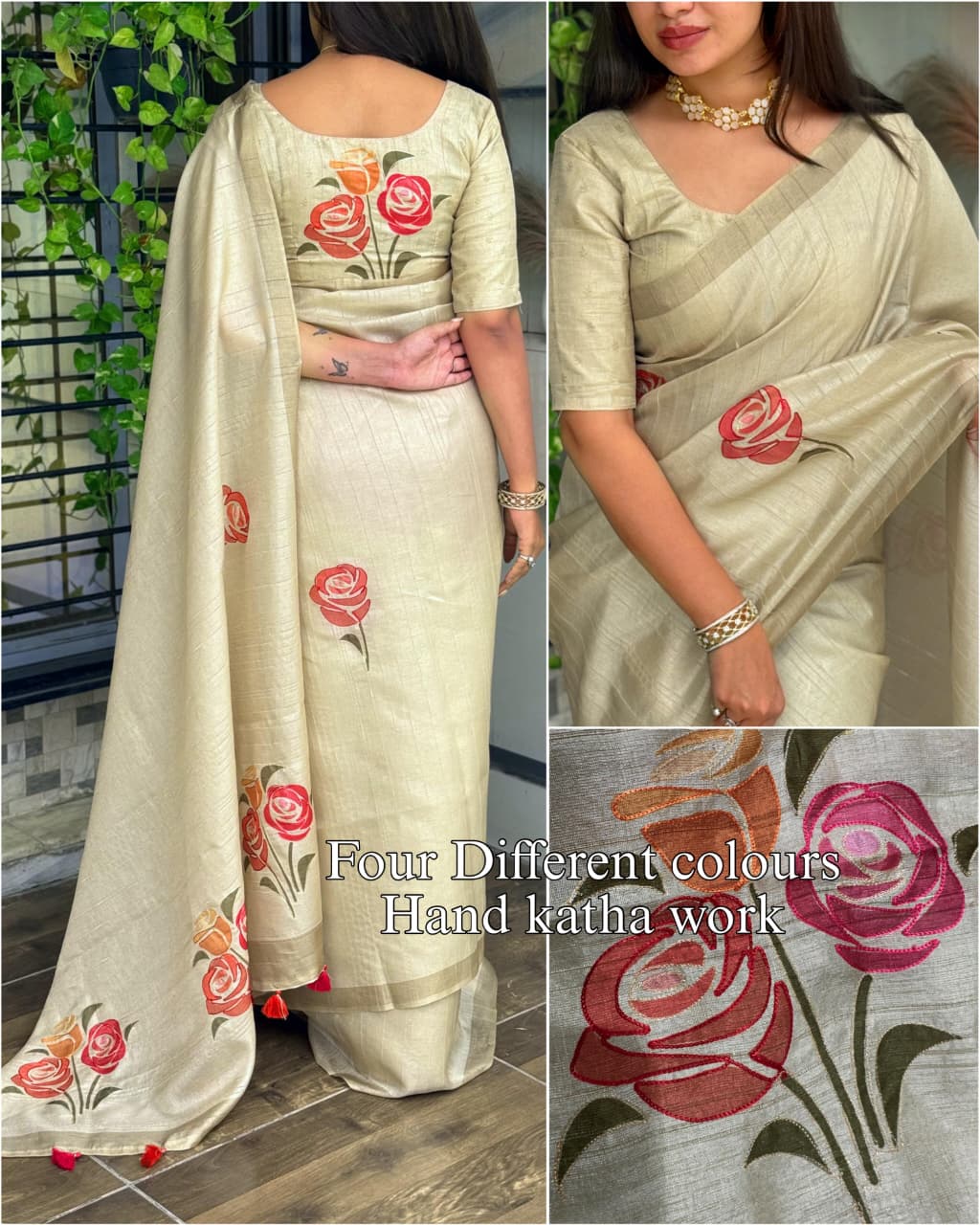 Handcrafted Linen Cotton Saree with Hand Khatha Work & Multicolor Brush Print | Designer Blouse