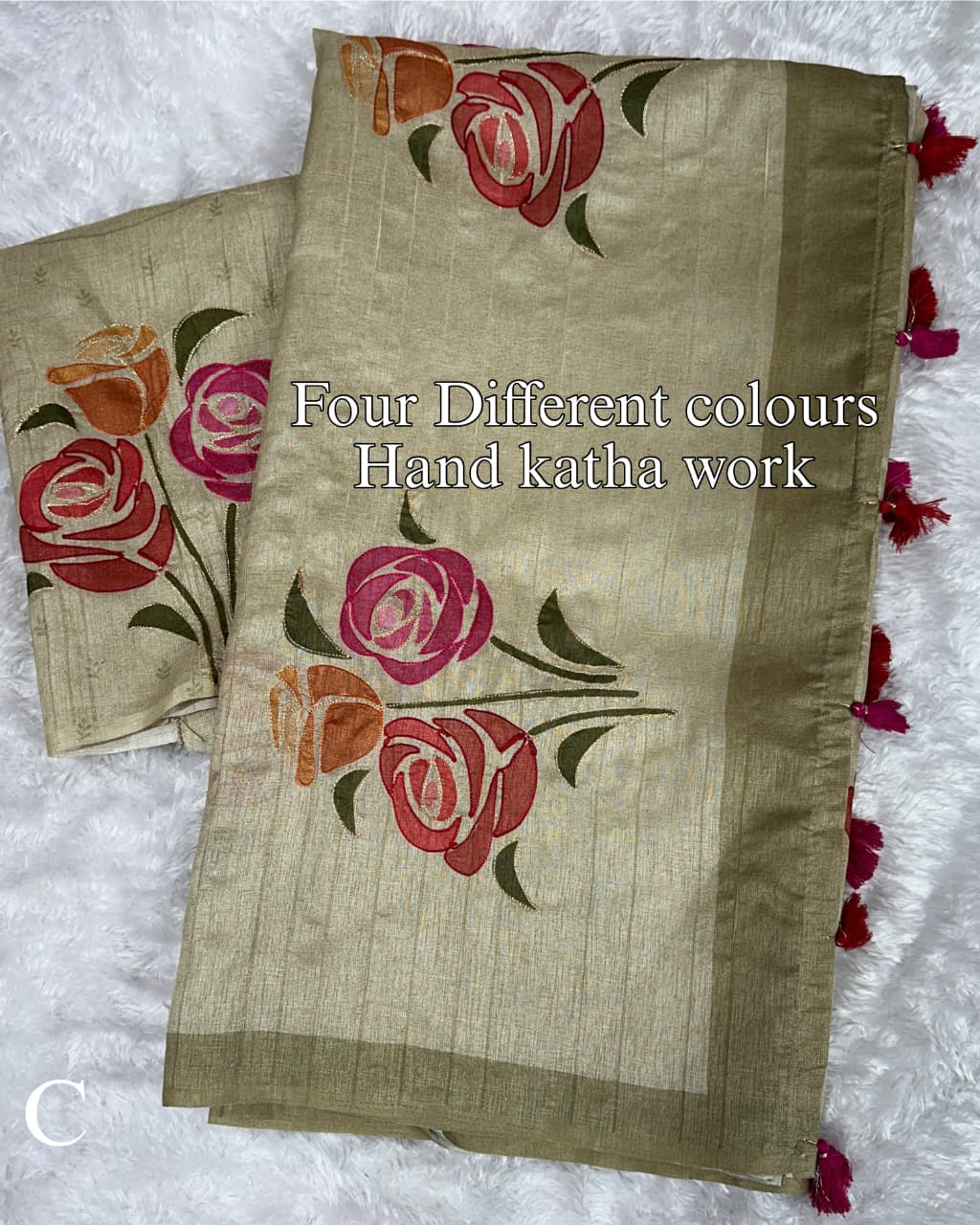Handcrafted Linen Cotton Saree with Hand Khatha Work & Multicolor Brush Print | Designer Blouse