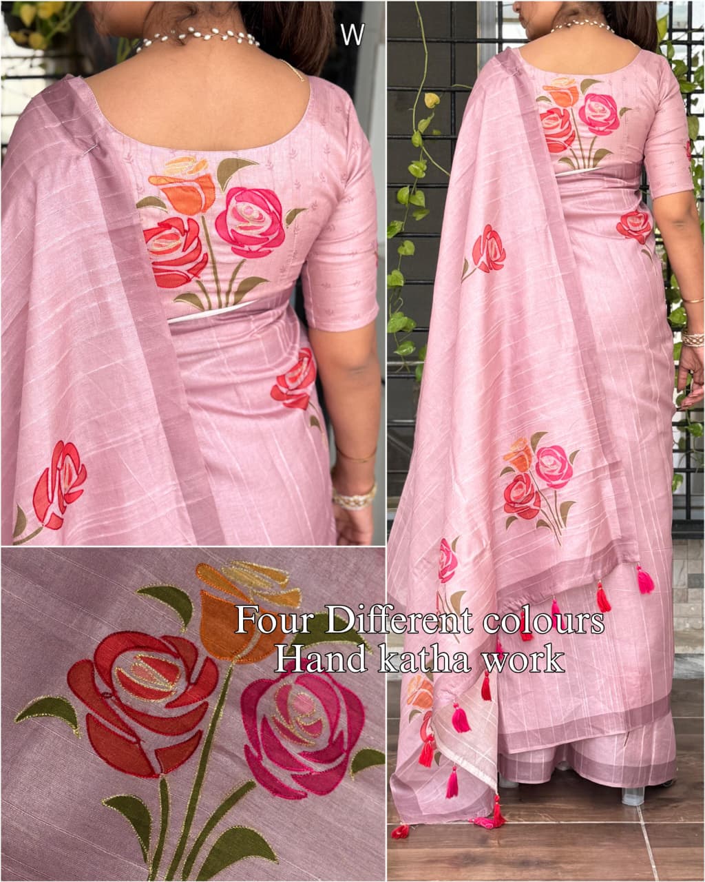 Handcrafted Linen Cotton Saree with Hand Khatha Work & Multicolor Brush Print | Designer Blouse