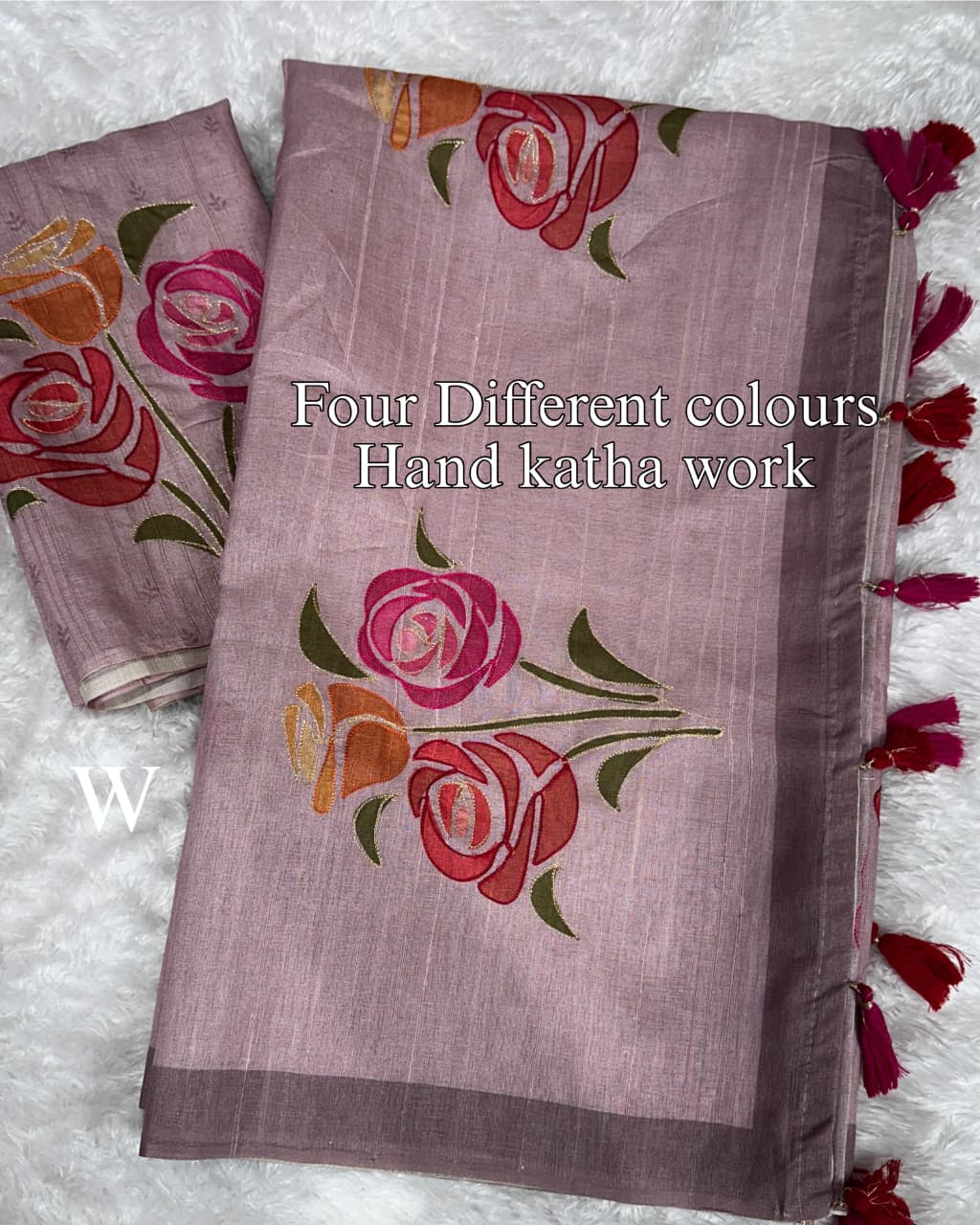 Handcrafted Linen Cotton Saree with Hand Khatha Work & Multicolor Brush Print | Designer Blouse