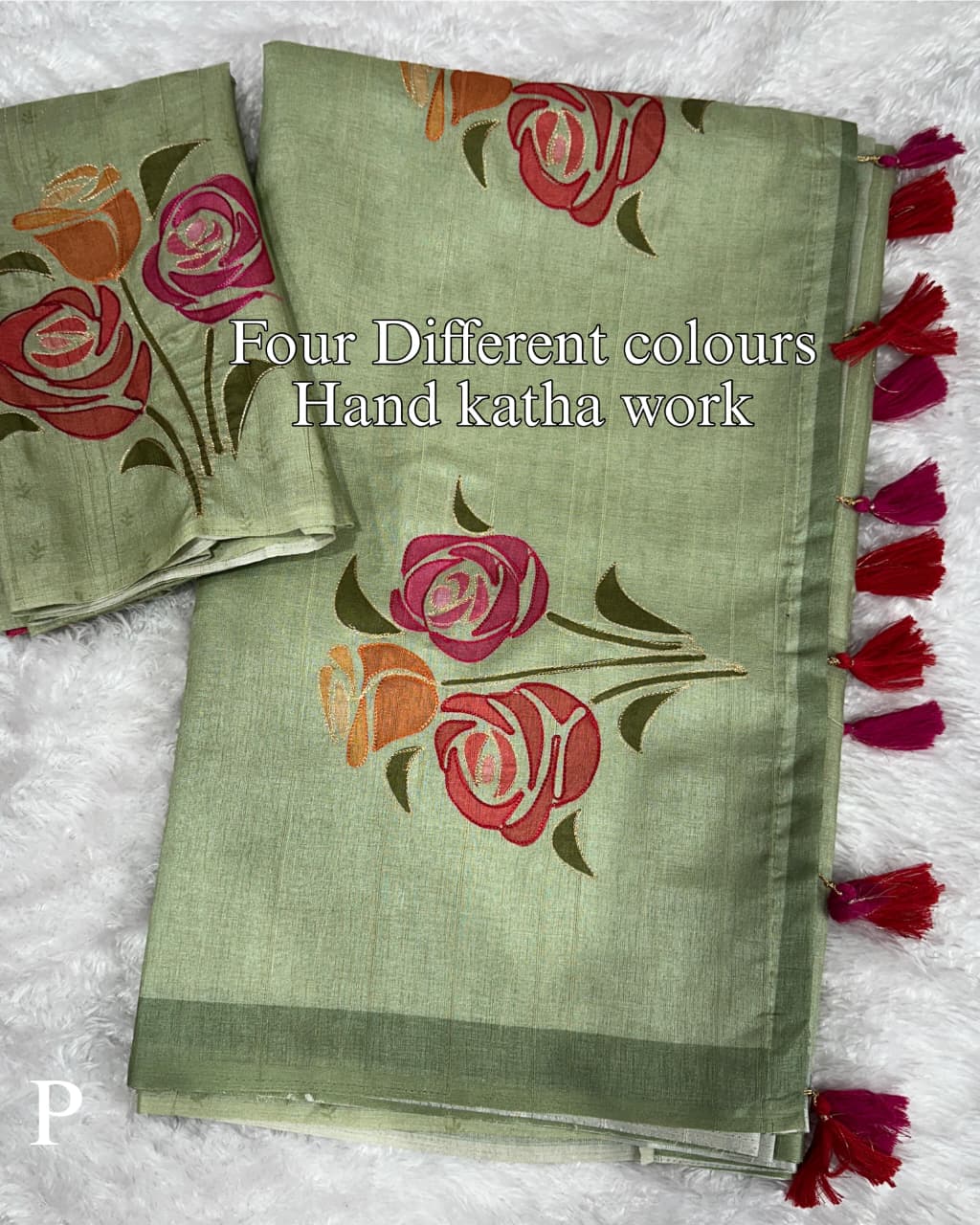Handcrafted Linen Cotton Saree with Hand Khatha Work & Multicolor Brush Print | Designer Blouse
