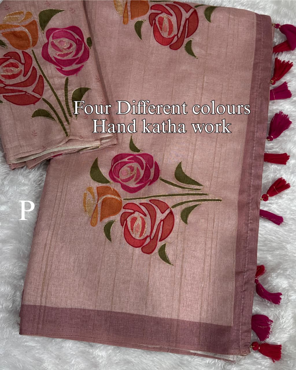 Handcrafted Linen Cotton Saree with Hand Khatha Work & Multicolor Brush Print | Designer Blouse