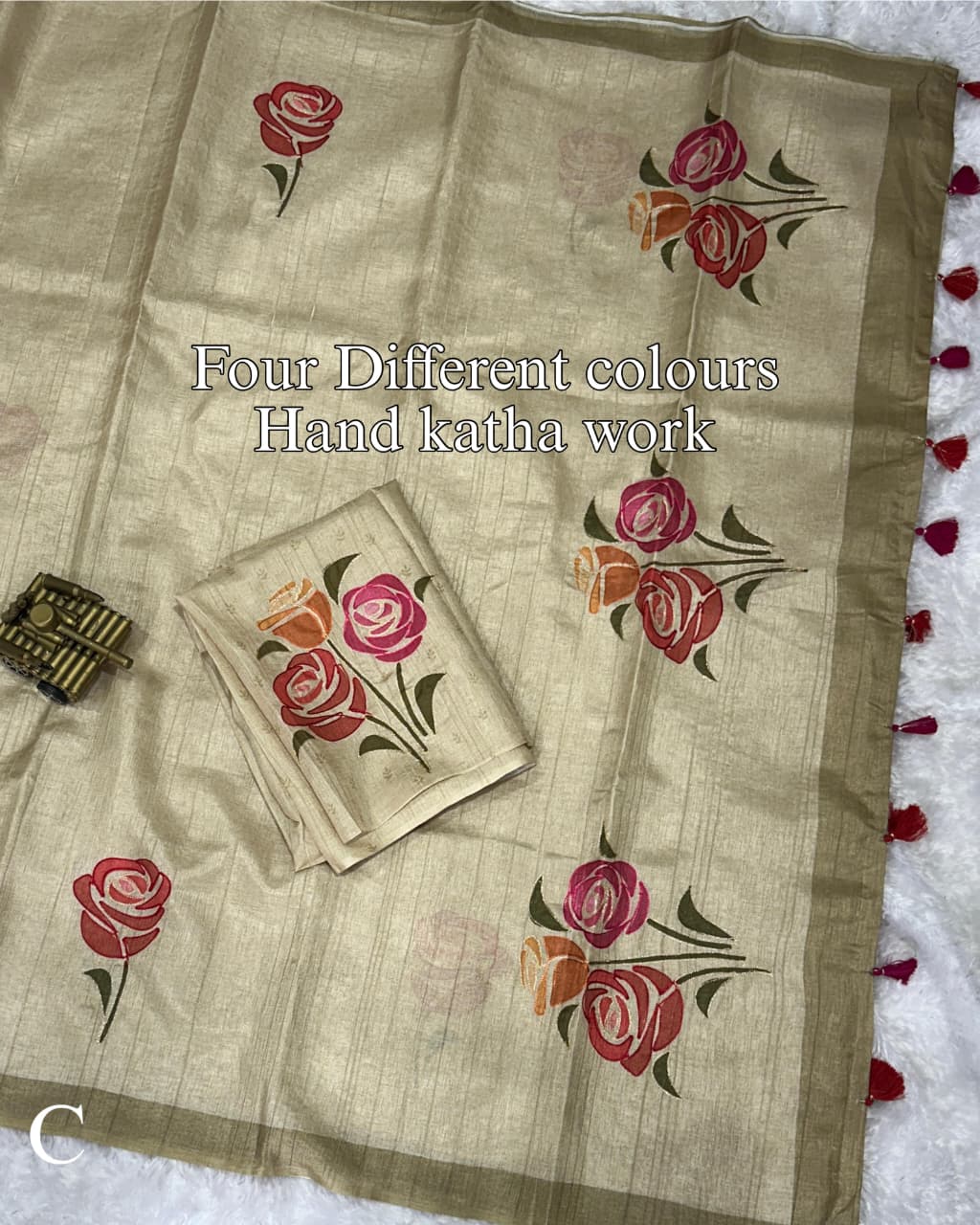 Handcrafted Linen Cotton Saree with Hand Khatha Work & Multicolor Brush Print | Designer Blouse