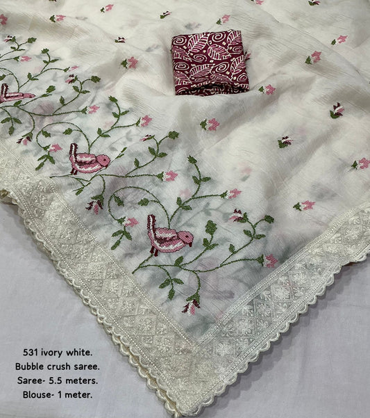 Ivory White Bubble Crush Saree with Lucknowi Embroidery & Crepe Silk Printed Blouse