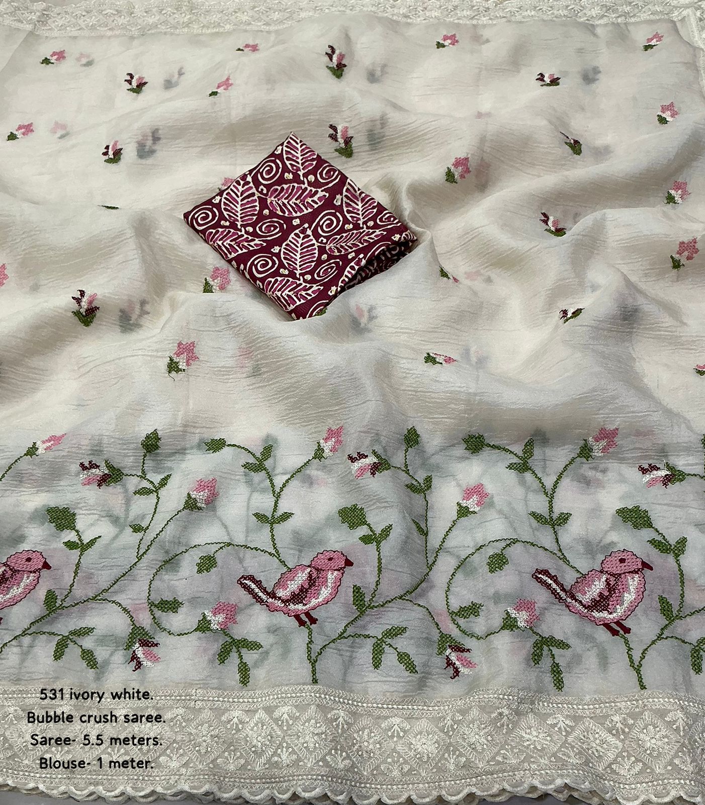 Ivory White Bubble Crush Saree with Lucknowi Embroidery & Crepe Silk Printed Blouse