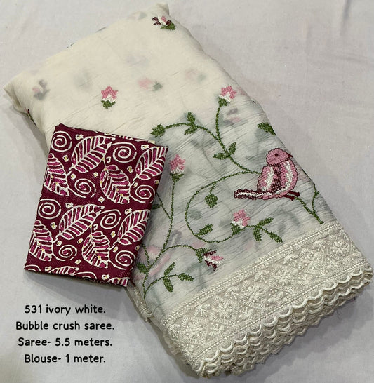 Ivory White Bubble Crush Saree with Lucknowi Embroidery & Crepe Silk Printed Blouse