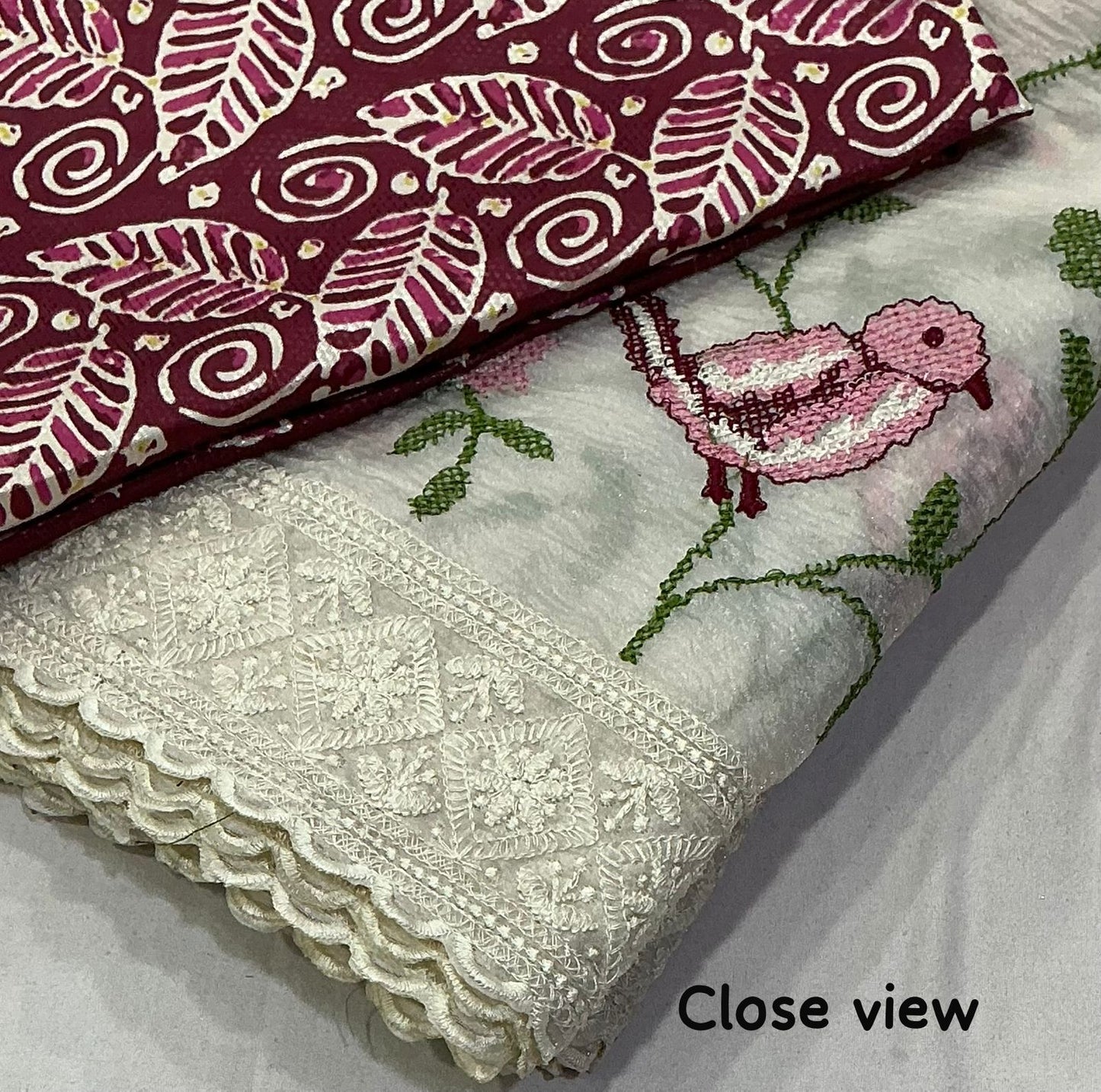 Ivory White Bubble Crush Saree with Lucknowi Embroidery & Crepe Silk Printed Blouse