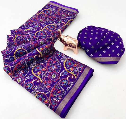 Heavy Mul Cotton Silk Bandhani Print Saree with Golden Zari Patti Border & Butti Print Blouse