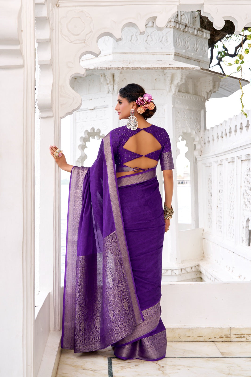 Chinon Fabric Self-Printed Saree with Zari Weaving | Designer Chinon Blouse | 5.5 Meters
