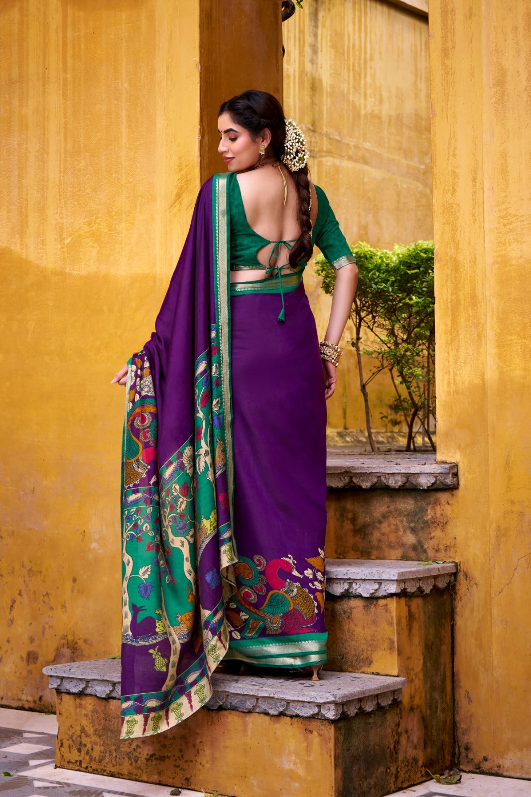 Kalamkari Print Chanderi Saree with Zari Weaving | Polyester Viscose | 5.5 Meters + Unstitched Blouse