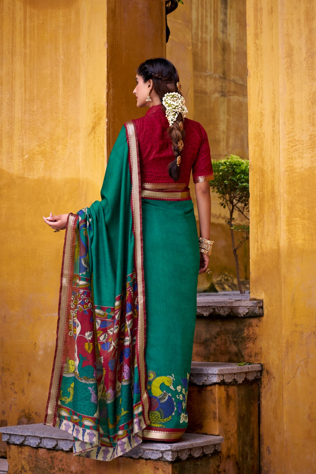 Kalamkari Print Chanderi Saree with Zari Weaving | Polyester Viscose | 5.5 Meters + Unstitched Blouse