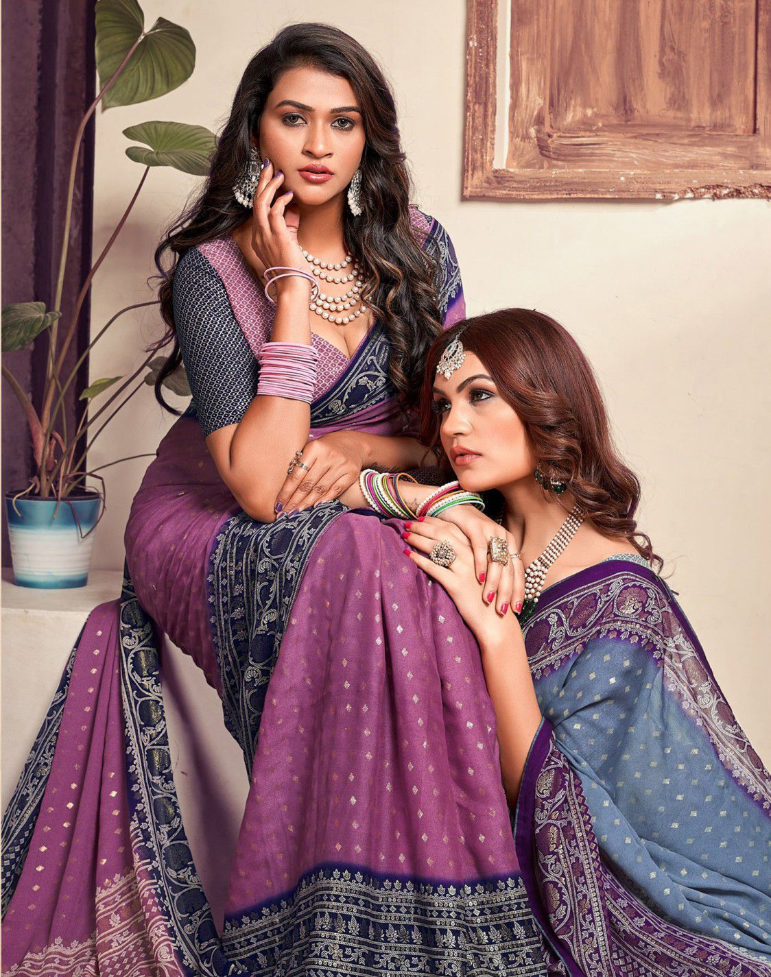 Bamber Viscose Georgette Ink Foil Printed Saree with Foil Printed Blouse – 6.3 Meters